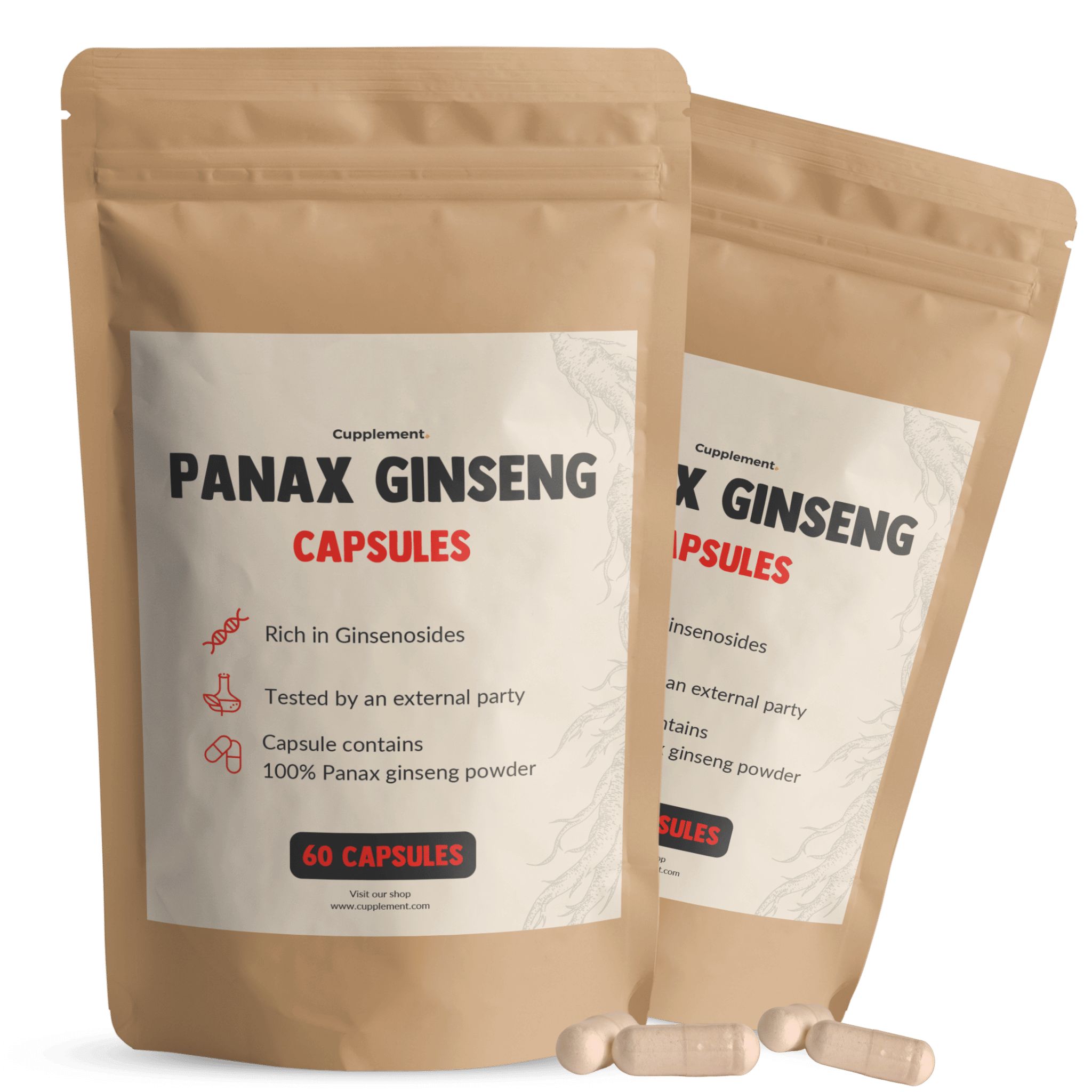Twee zakjes met capsules. Opschrift: Panax Ginseng Capsules. 60 capsules. Bruine papieren verpakking met ritssluiting.