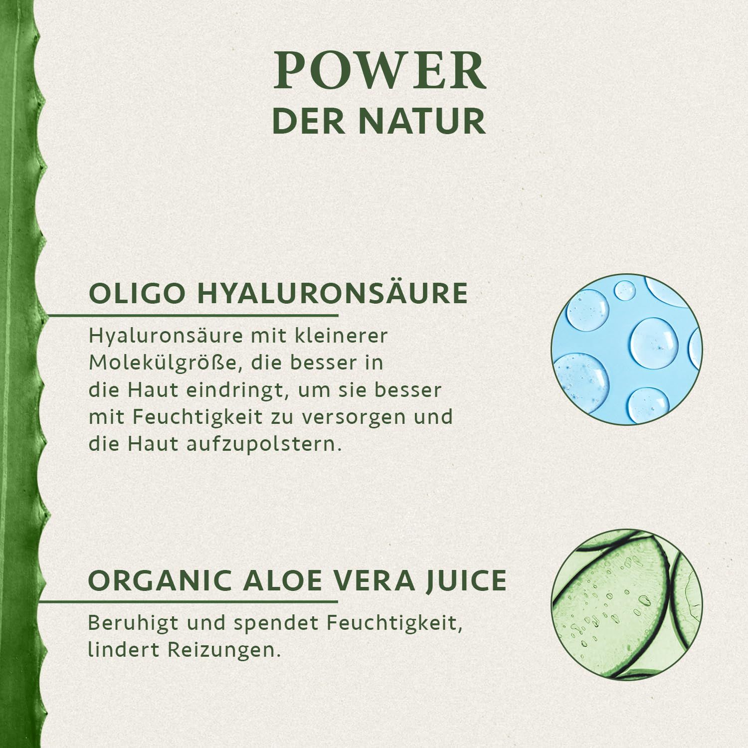 Ingrediëntinformatie: Oligo Hyaluronzuur en biologisch aloë vera sap voor huidverzorging.