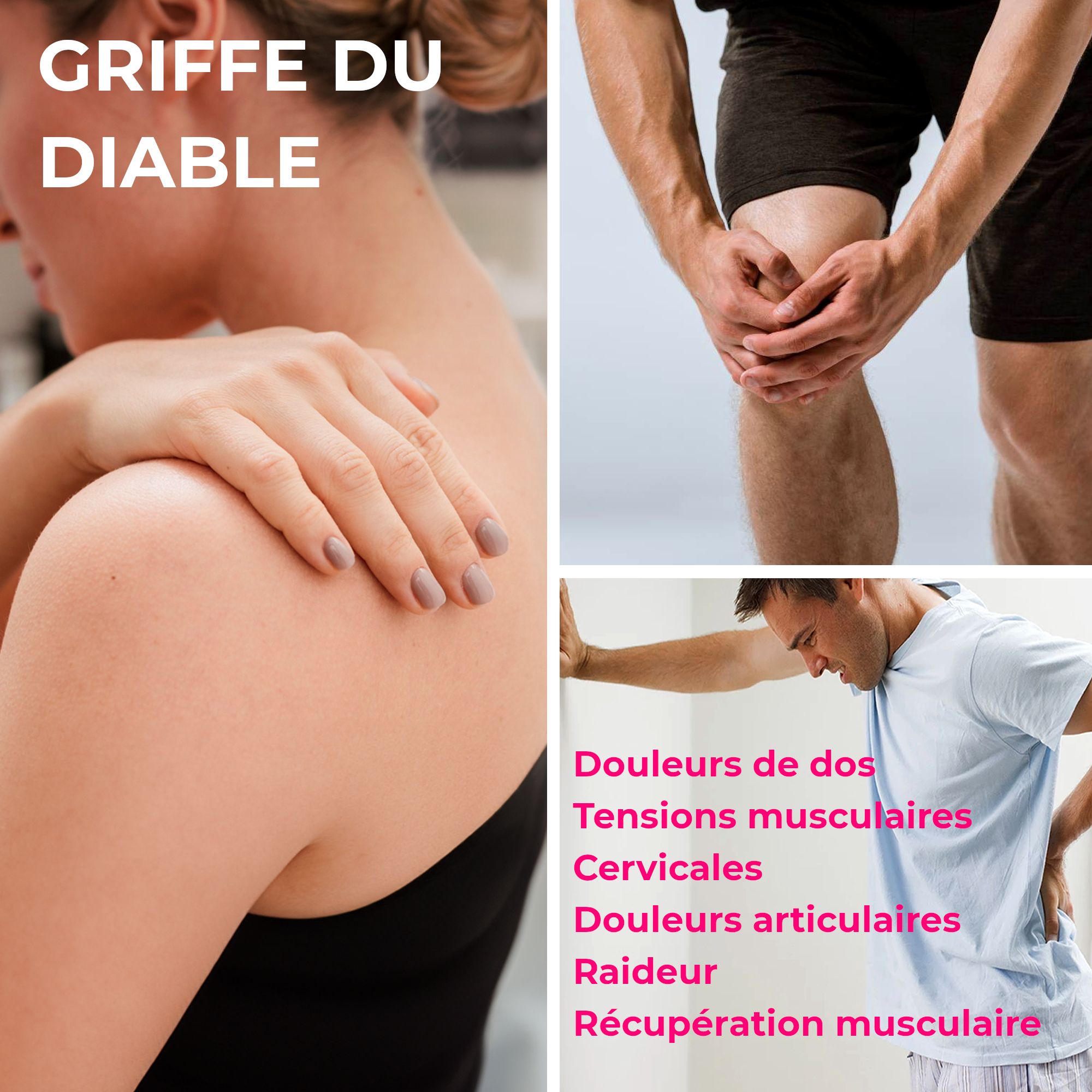 Collage : Épaule, genou et dos. Griffe du diable + Arnica pour le bien-être musculaire.