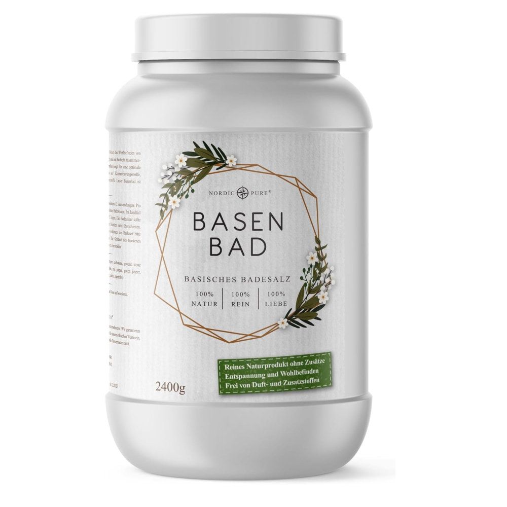 Récipient blanc avec "BASEN BAD". Étiquette verte et dorée avec motif floral. 2400g. 100% naturel, pur, amour.