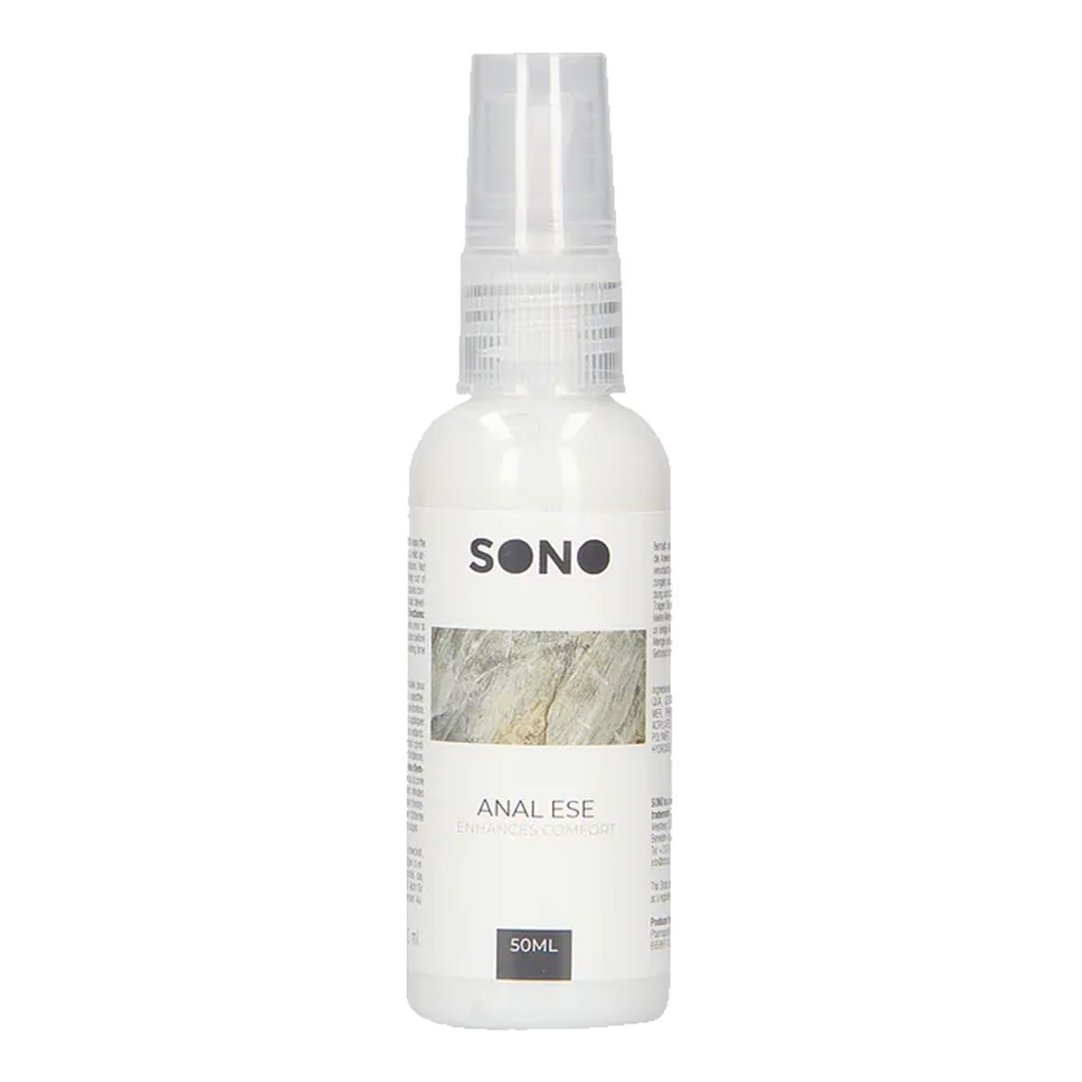 Witte sprayfles met SONO-logo en productnaam ANAL ESE. 50ml-aanduiding. Transparante spraykop.