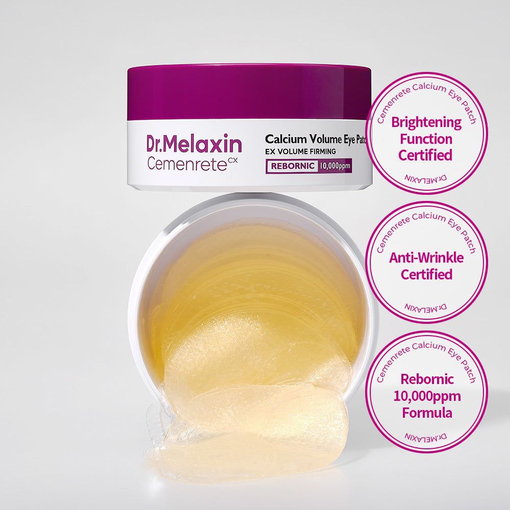 Dr. Melaxin Cemenrete Calcium Volume Eye Patch pot met gele oogpads en certificeringen.