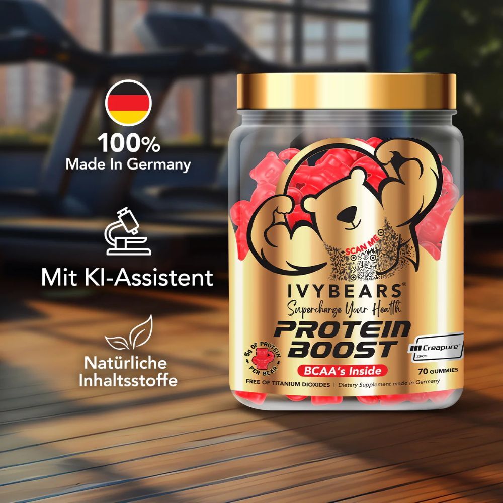 Pot de gummies rouges. Inscription: IVYBEARS Protein Boost. 100% Fabriqué en Allemagne. Avec assistant IA. Ingrédients naturels.