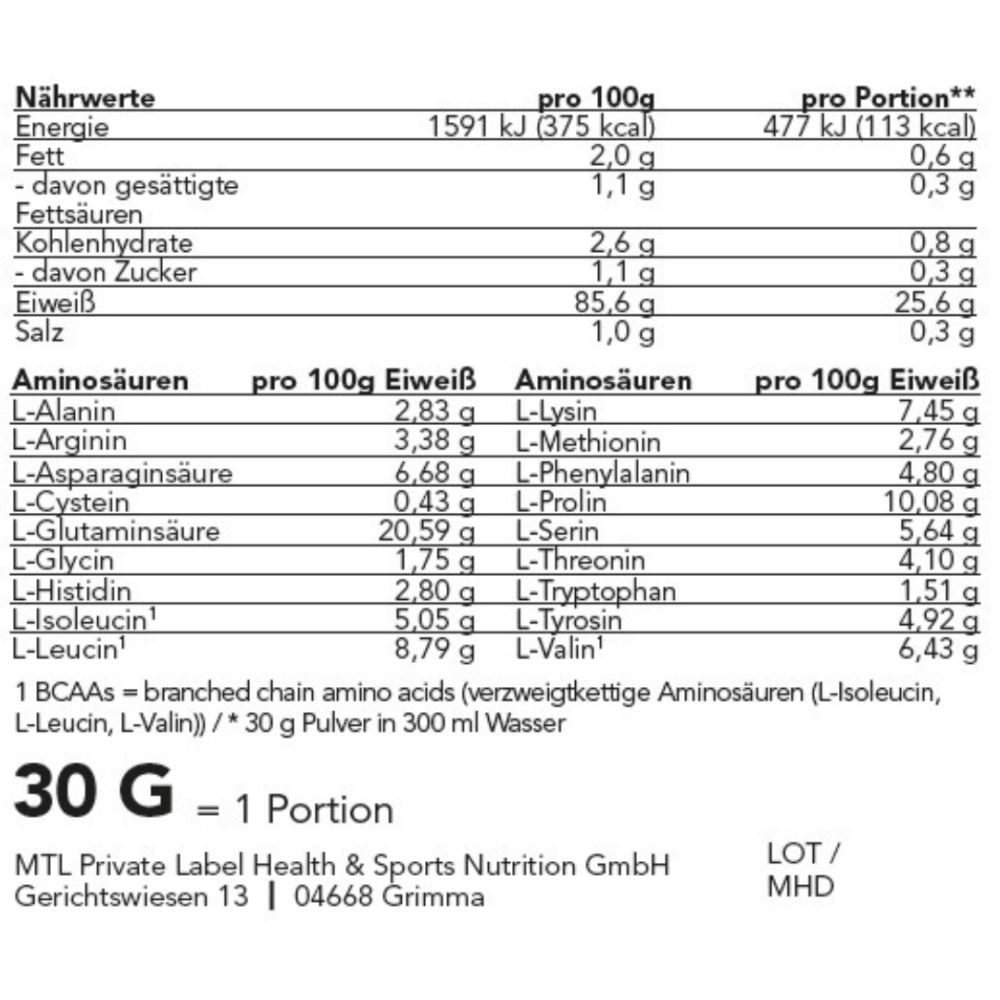 Voedingstabel. Informatie per 100g en per portie. Bevat informatie over aminozuren, energie, vet, koolhydraten, eiwit en zout.