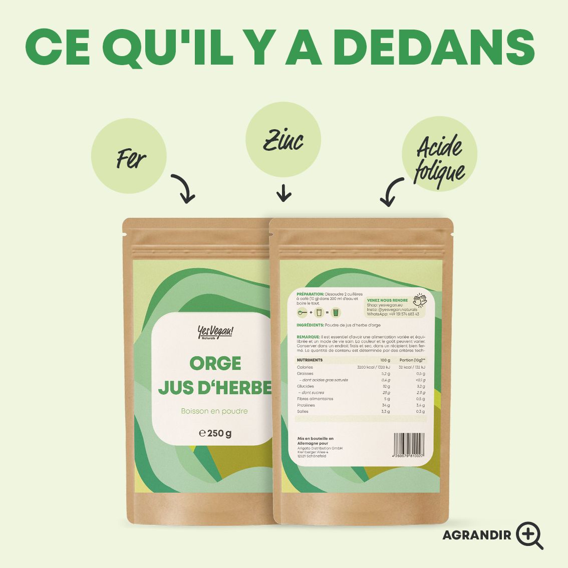 Deux paquets "Orge Jus d'Herbe" avec informations nutritionnelles.