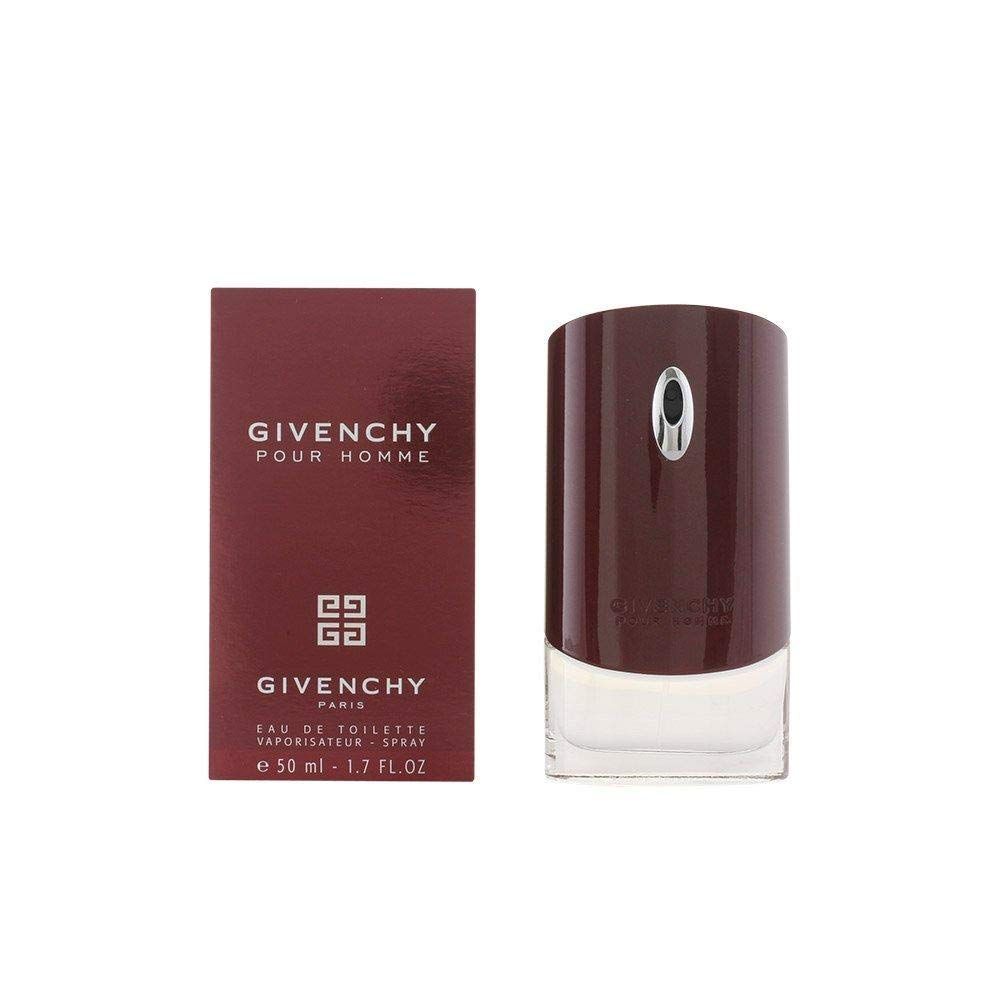 Rode doos en fles. Opschrift: Givenchy Pour Homme. Eau de Toilette Spray. 50 ml.