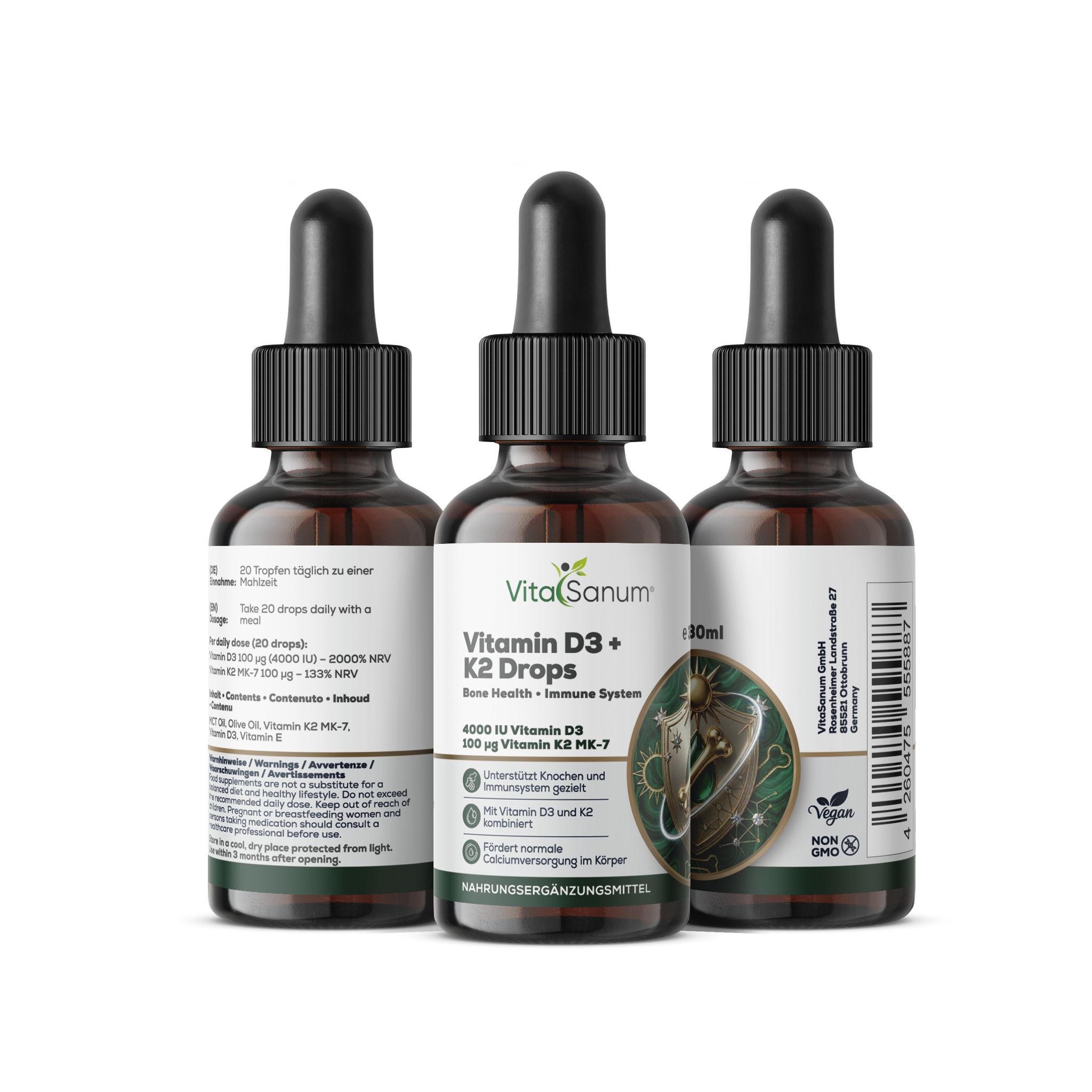 Drie flessen VitaSanum Vitamine D3 + K2 druppels met druppelaar. Voor botten en immuunsysteem.