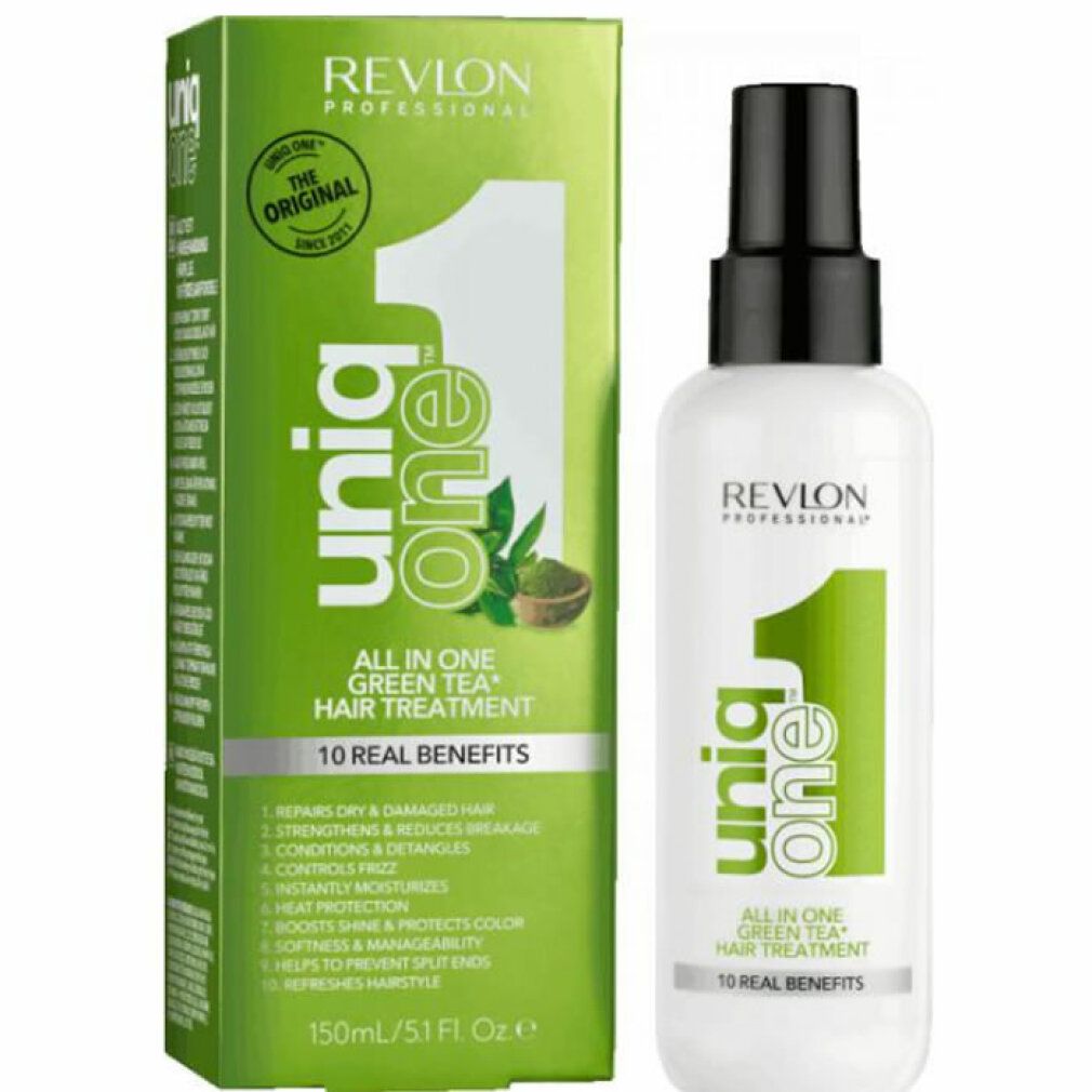 Produit et emballage. Spray capillaire blanc avec emballage vert. Inscription : Uniq One, Revlon Professional, All in One Green Tea Hair Treatment, 10 Real Benefits.