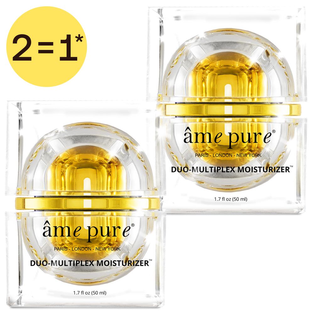 Twee flacons van de âme pure Duo-Multiplex Moisturizer in vierkante verpakkingen met gouden accenten. "2=1"-sticker linksboven.