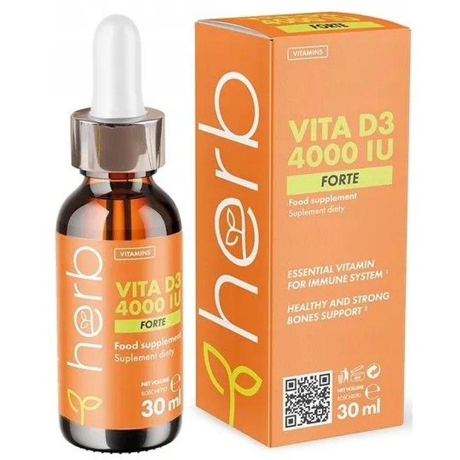 Herb Vita D3 4000 IU Forte druppels in bruine glazen fles met druppelaar en oranje doosje.
