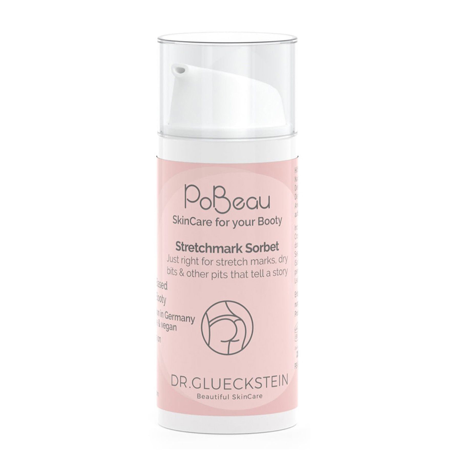 Flacon rose avec pompe blanche. Inscription : Pobeau, Stretchmark Sorbet. Logo : contour d'un fessier.