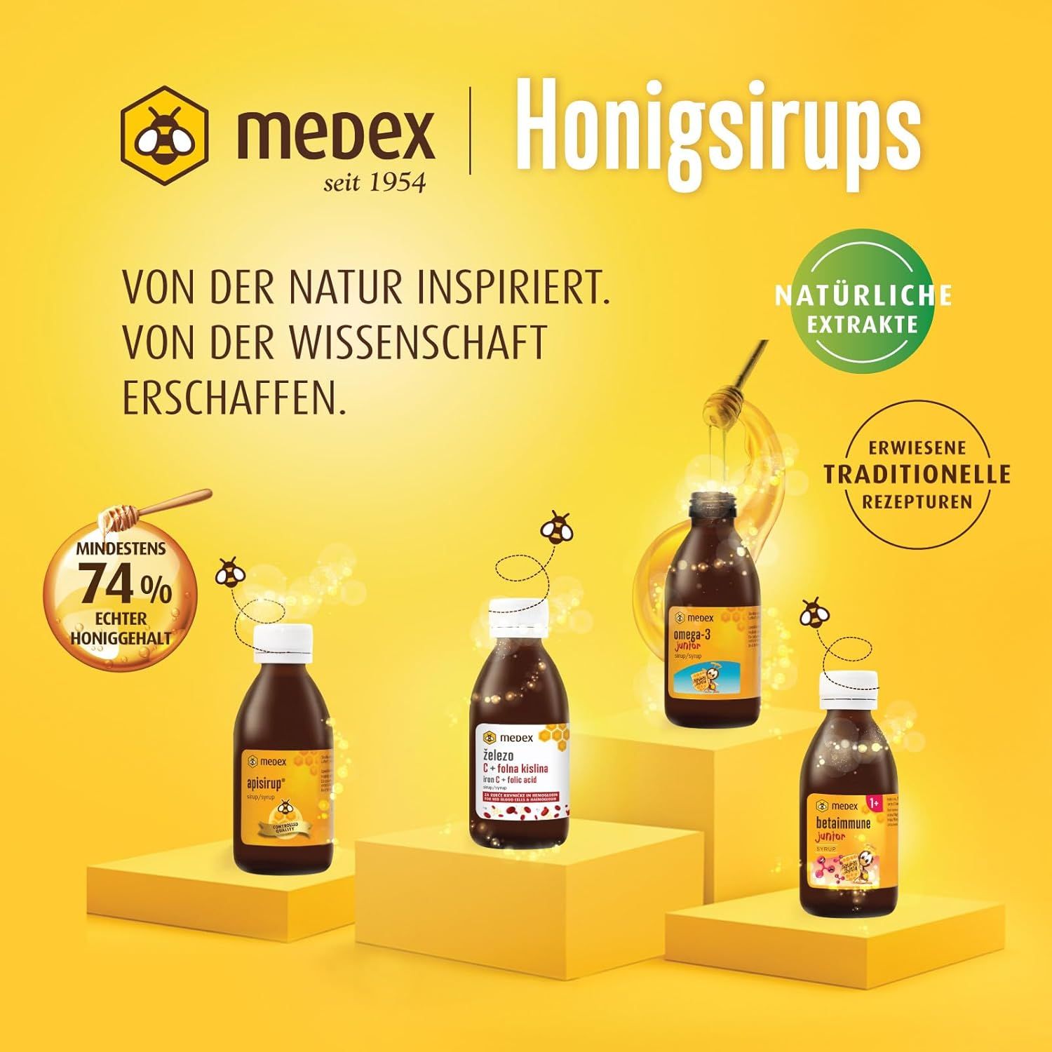 Sirop de miel Medex : Quatre bouteilles différentes de sirop Medex sur des podiums. Le texte souligne 'Inspiré par la nature' et 'Extraits naturels'.