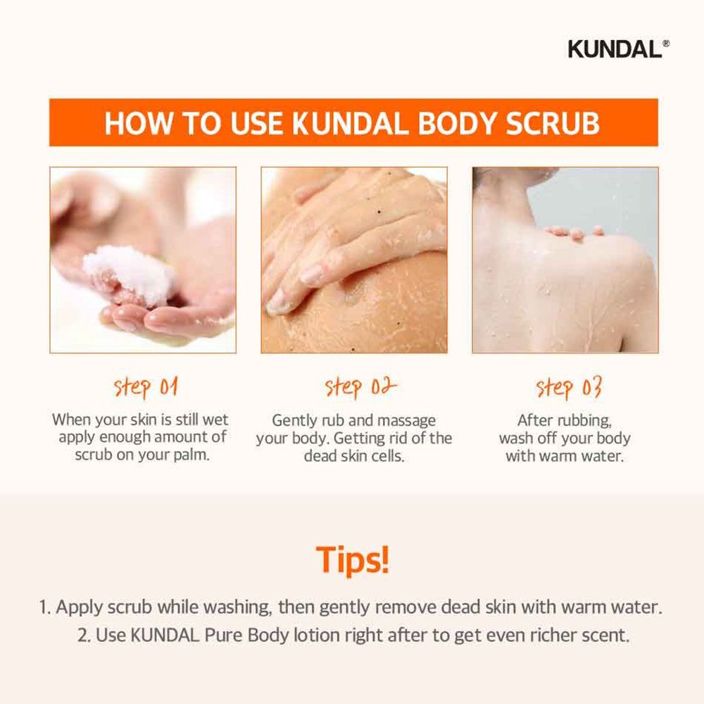 Instructies voor Kundal Body Scrub: handen met scrub, lichaamsmassage, afspoelen.