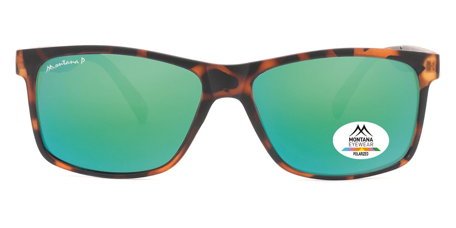 Zonnebril met bruin montuur en groene glazen. Logo en Polarized sticker. Montana Eyewear.