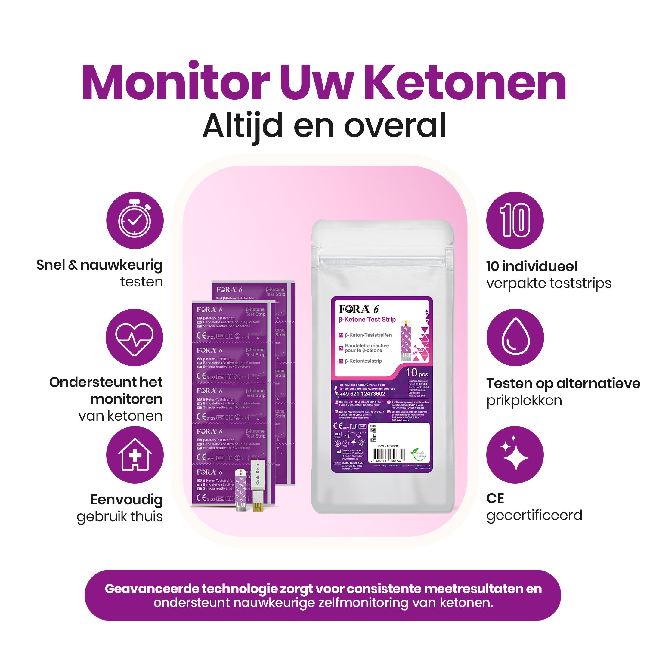 Productafbeelding met infographics. Verpakking en individuele verpakkingen van teststrips. Tekst: Monitor uw ketonen.