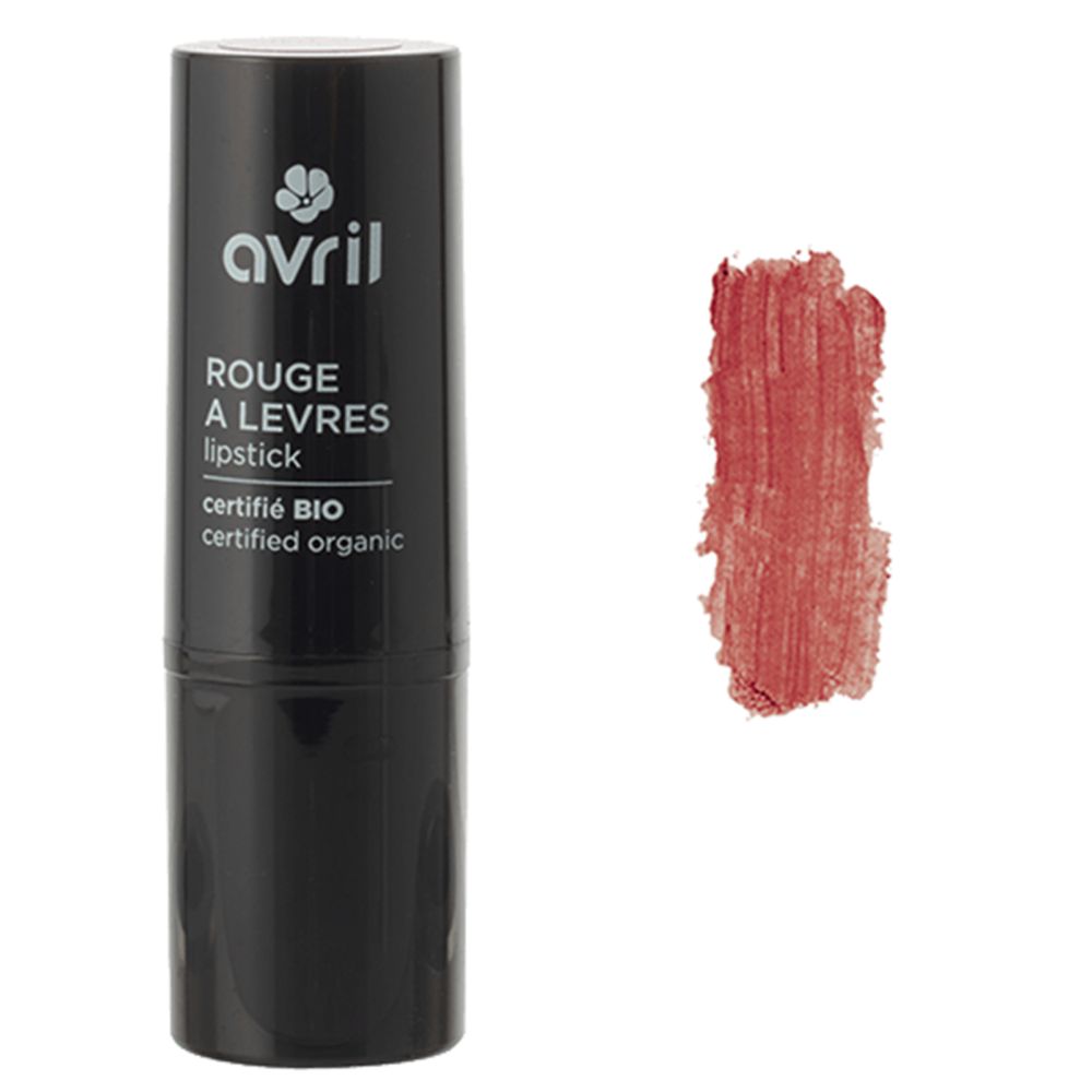Rouge à lèvres Avril en étui noir. À côté, une trace de couleur rouge-brun. Inscription : Rouge à Lèvres, certified BIO.
