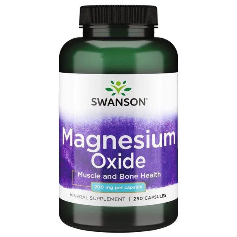 Groene fles met zwarte dop. Opschrift: SWANSON Magnesium Oxide, 200 mg per capsule, 250 capsules. Voor spier- en botgezondheid.