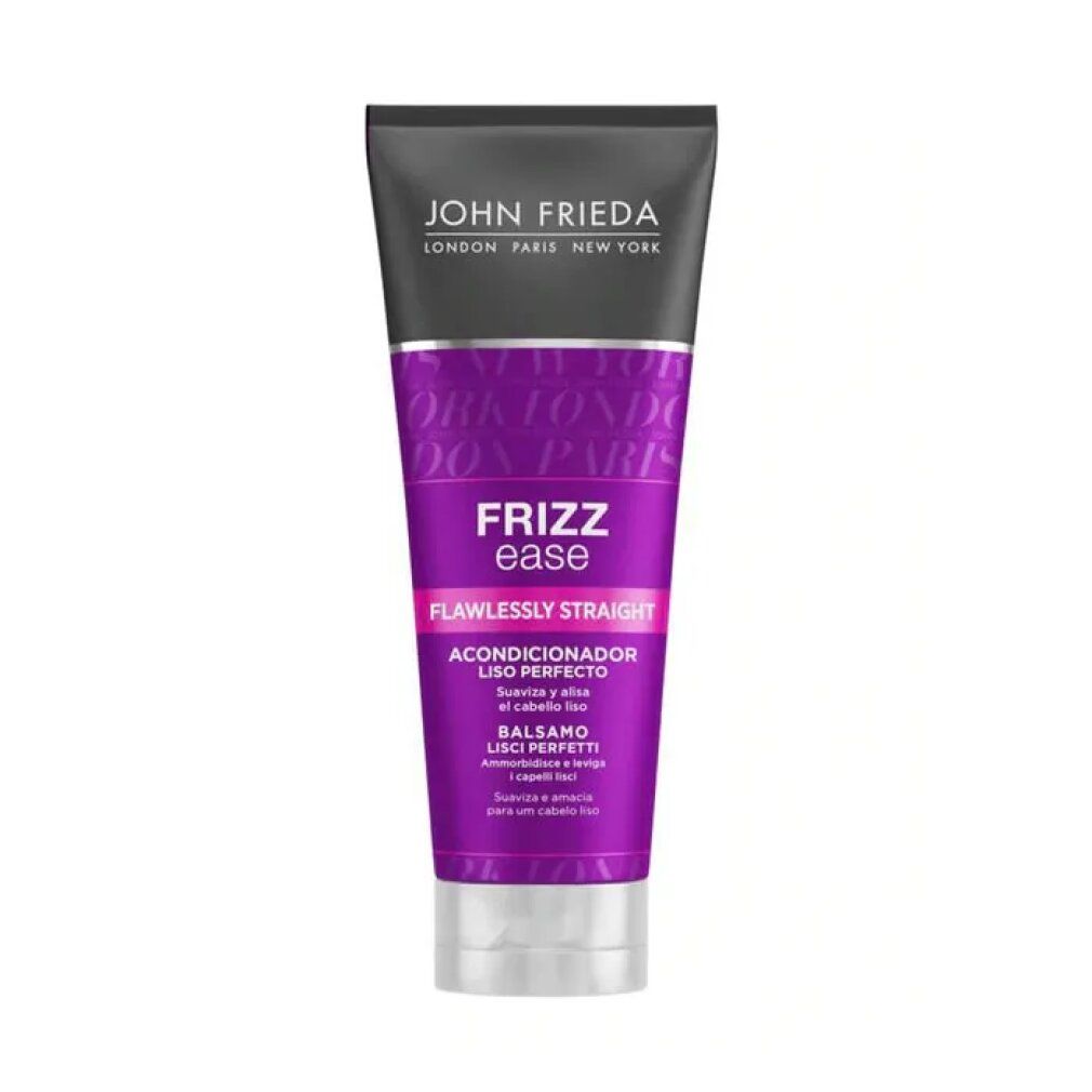 Tube de revitalisant John Frieda Frizz Ease Flawlessly Straight. Violet, rose et blanc. Avec kératine et huile de jojoba.