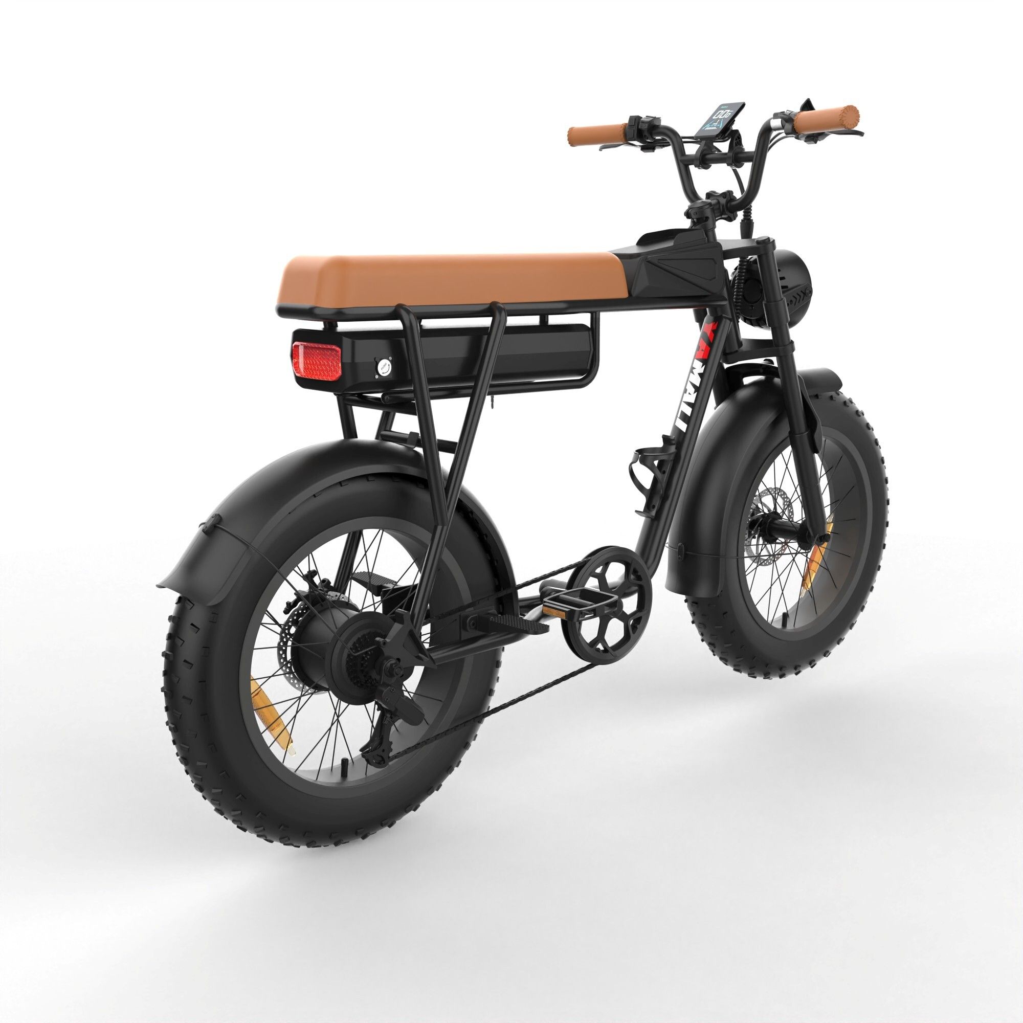 Zwarte e-bike met bruin zadel. Achterlicht, bagagerek en brede banden. YAMALI FXH-006.