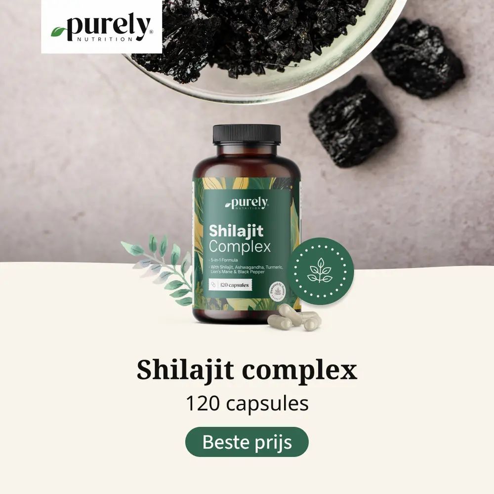 Shilajit Complex, 120 capsules. Bruine fles, zwarte deksel. Opschrift: Beste prijs.