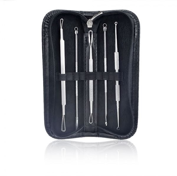 Ensemble de six outils en acier inoxydable dans un étui noir zippé. Différentes pointes pour les soins de la peau.