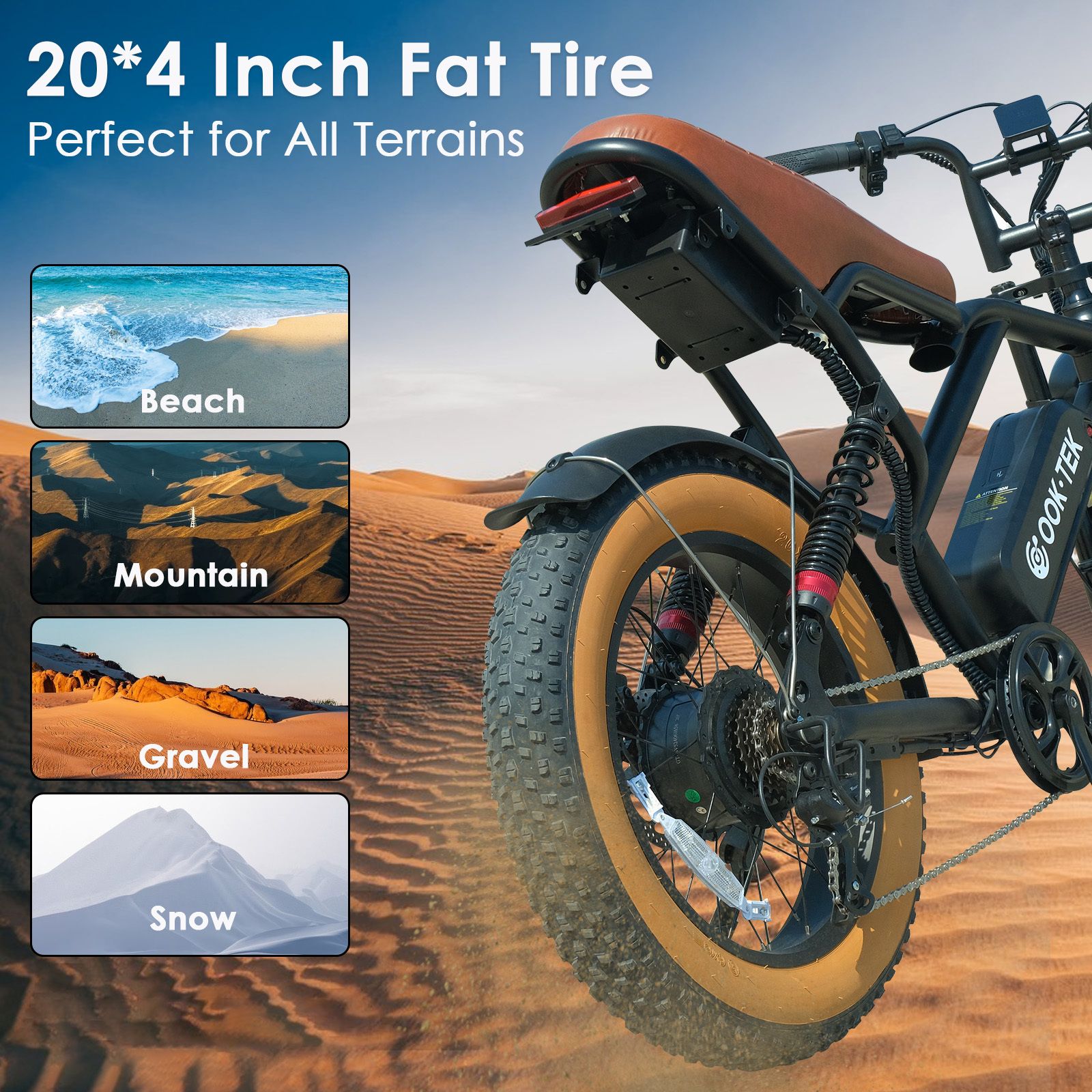 E-bike met brede banden op zand. Tekst: 20*4 Inch Fat Tire. Scènes: Strand, Berg, Grind, Sneeuw.