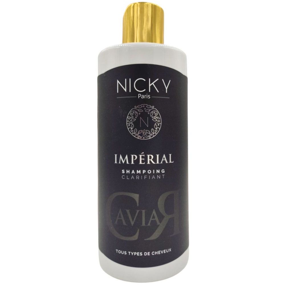 Ronde fles met zwart etiket. Opschrift: NICKY Paris, IMPÉRIAL, Caviar, Tous types de cheveux. Gouden dop.