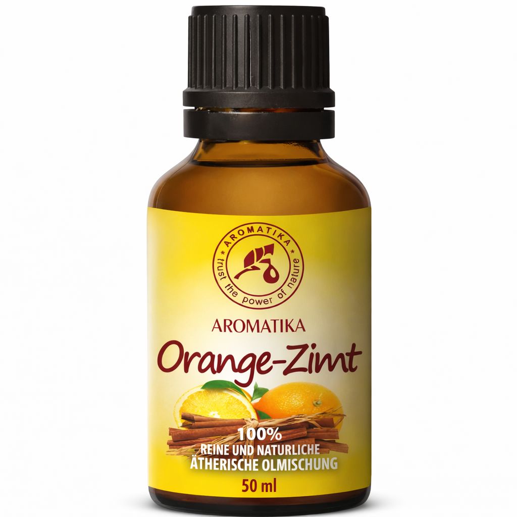 Mélange d'huiles essentielles AROMATIKA Orange-Cannelle, flacon 50 ml avec bâtons de cannelle et oranges.