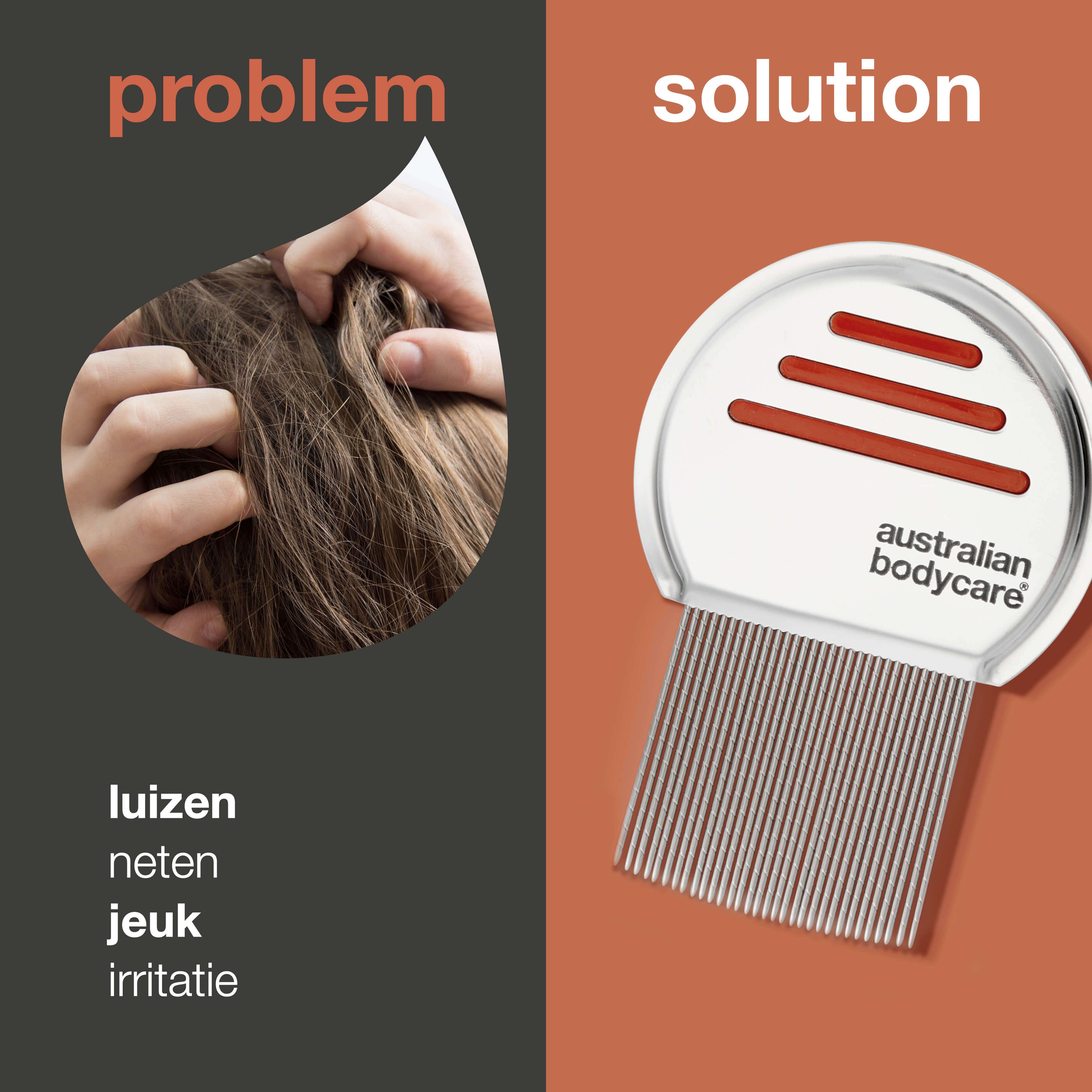 Gesplitste afbeelding. Links: persoon krabt op hoofd. Rechts: luizenkam met tekst: Australian Bodycare.
