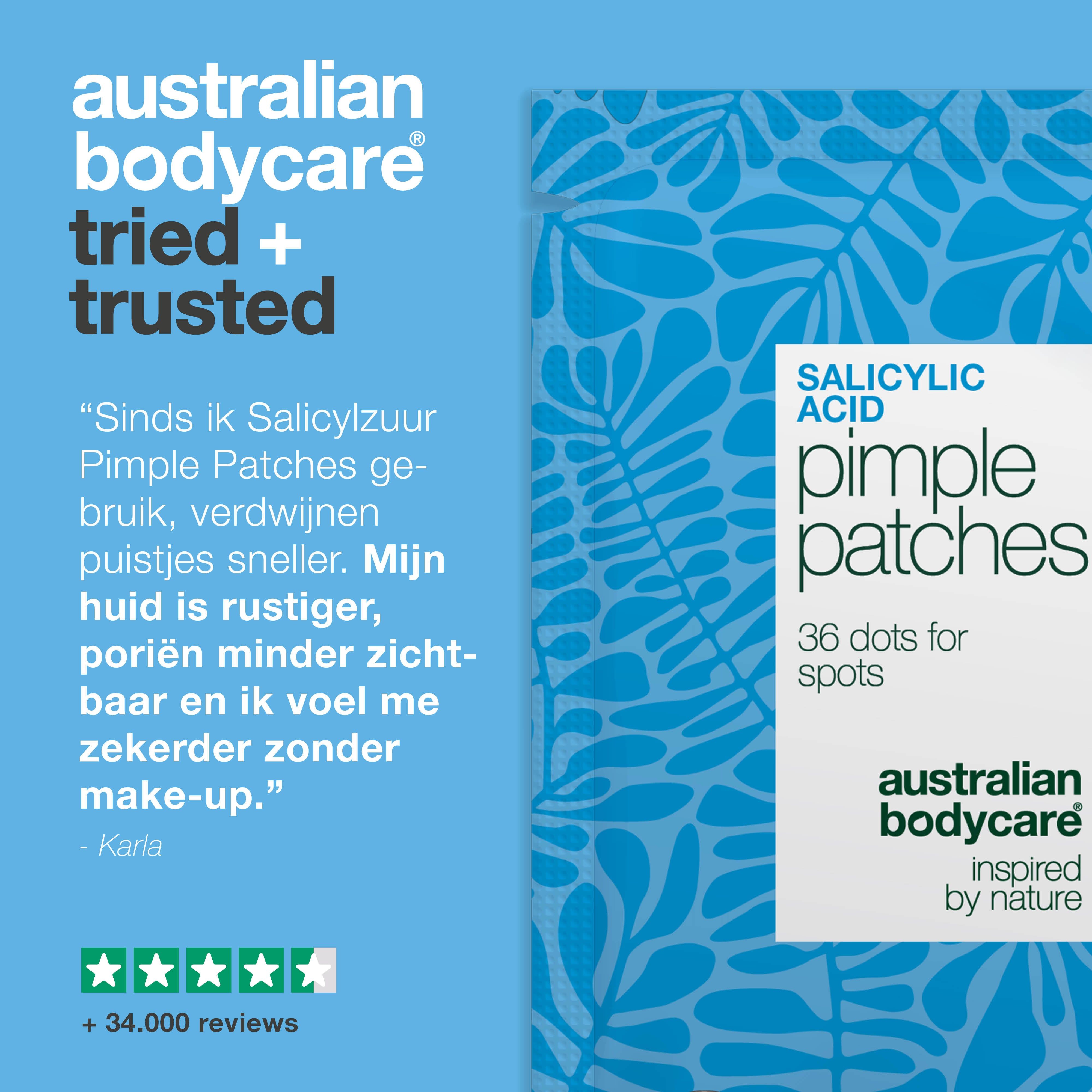 Blauw-witte verpakking van puistjespleisters. Tekst: Australian Bodycare tried + trusted. Citaat. 5 sterren beoordeling.