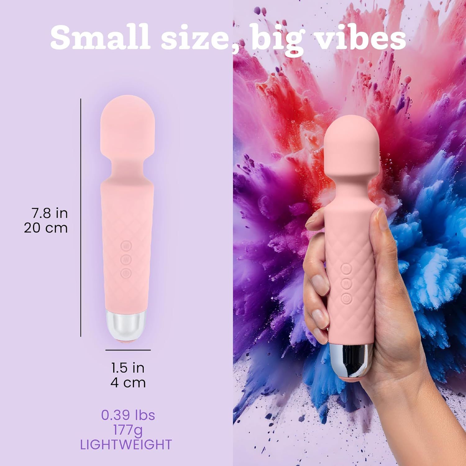 Pastelroze vibrator. Afmetingen: 20 cm lang, 4 cm breed. Gewicht: 177g. Lichtgewicht.
