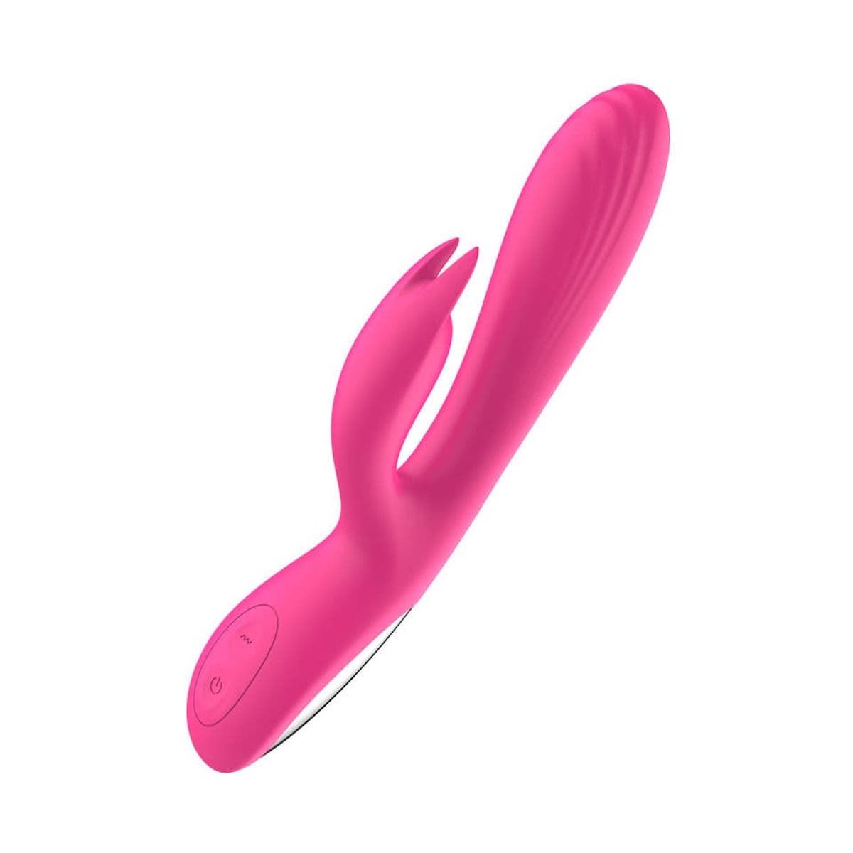 Roze vibrator met konijnenoren-ontwerp. Met bedieningsknoppen en geribbeld oppervlak.