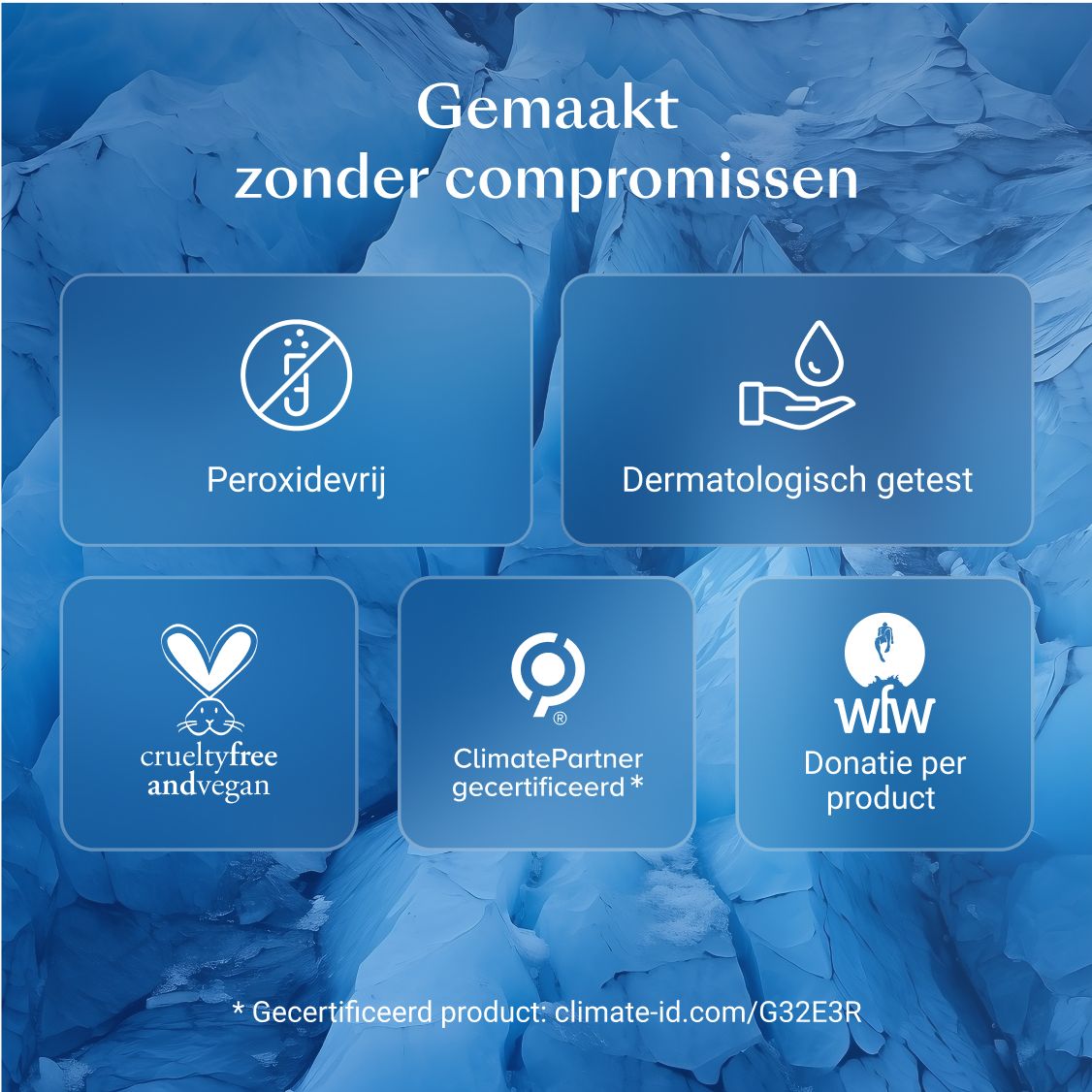 Iconen: Peroxidevrij, dermatologisch getest, crueltyfree, ClimatePartner, donatie per product.