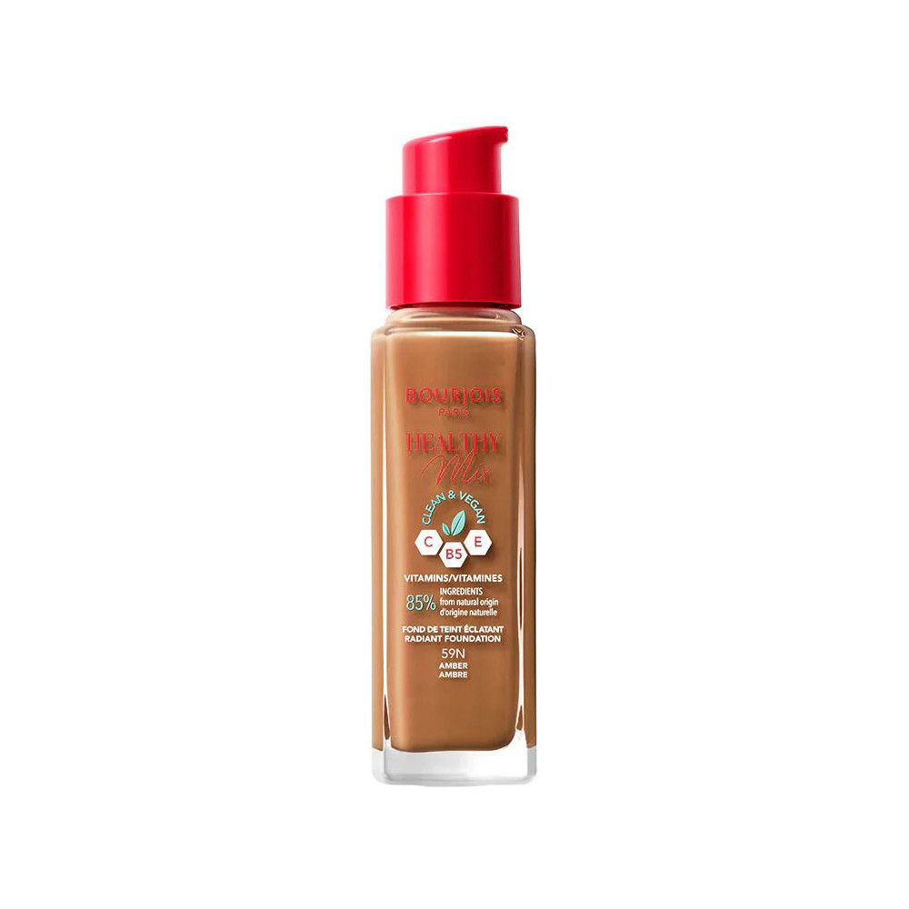 Fond de teint Bourjois Healthy Mix. Flacon en verre avec pompe rouge. Inscriptions: C, B5, E, Vegan. Teinte: 59N Ambre.