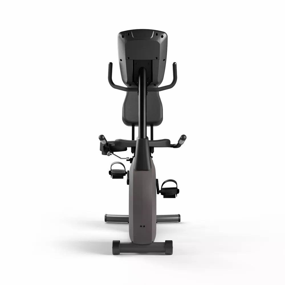 Vision Fitness R60. Achteraanzicht van hometrainer. Zwart zadel, stuur en pedalen. Grijs frame. Geen verdere details.