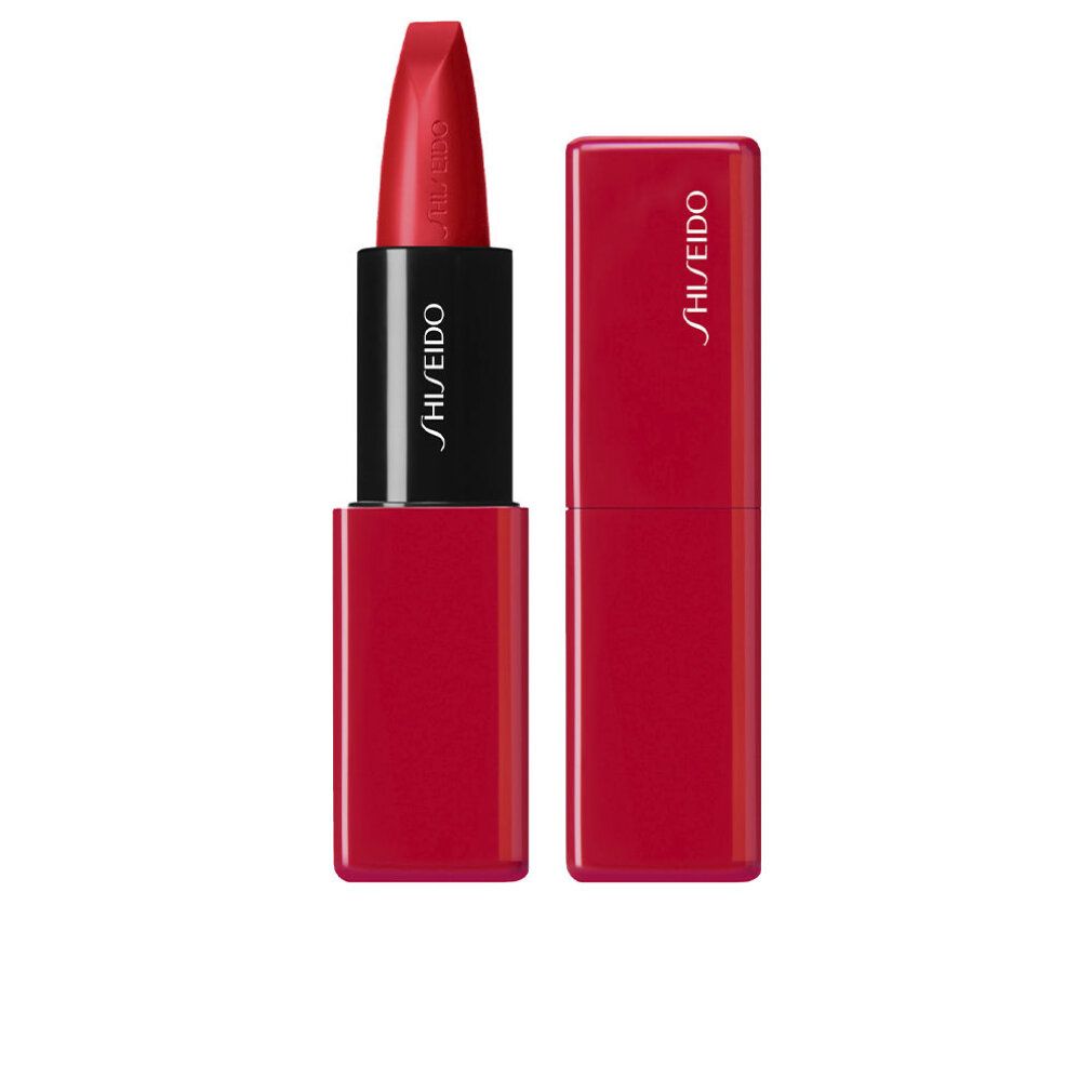 Rouge à lèvres rouge avec étui rouge. Tige noire avec lettrage blanc SHISEIDO. Étui ouvert et fermé côte à côte.