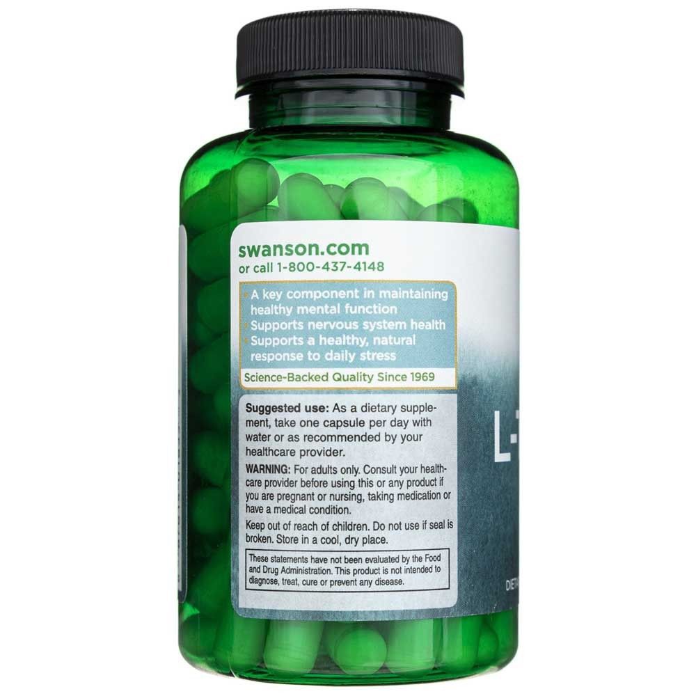 Zijaanzicht van een L-Tyrosine fles, toont capsules en waarschuwingen op het etiket.