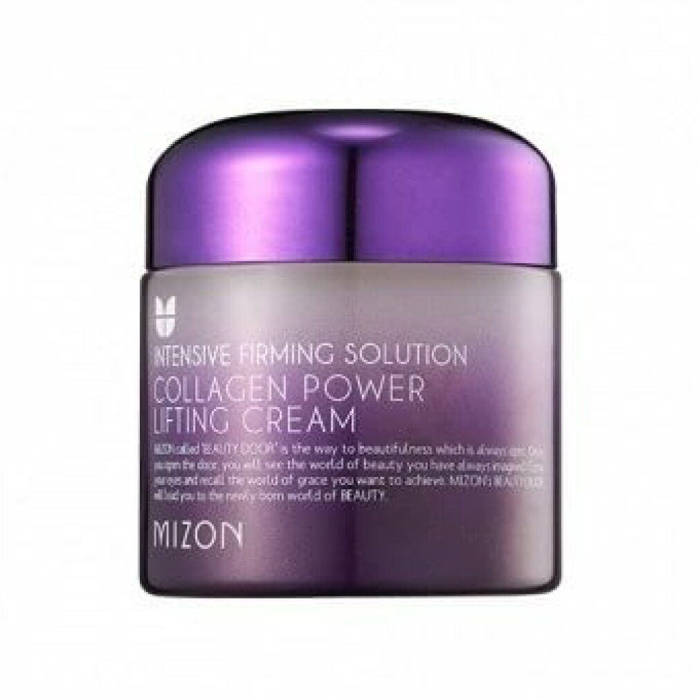 Crèmepot met paarse deksel. Opschrift: Collagen Power Lifting Creme, Mizon. Tekst: Intensive Firming Solution.