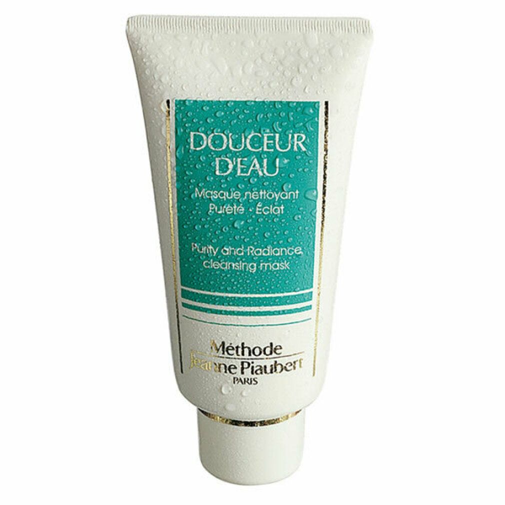 Witte tube met turquoise label en waterdruppels. Opschrift: DOUCEUR D'EAU, Masque nettoyant, Purity and radiance cleansing mask. Merk: Jeanne Piaubert.