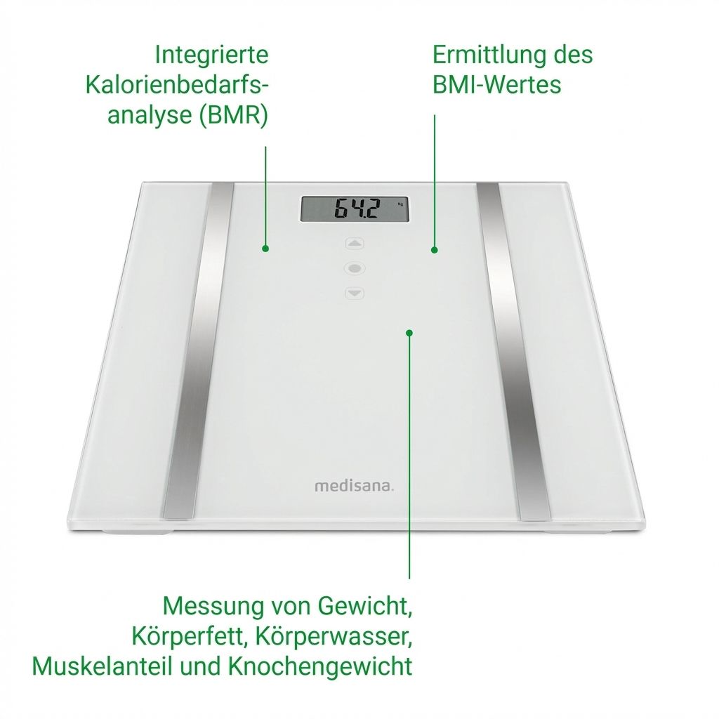Pèse-personne analyse corporelle blanc avec analyse BMR intégrée, calcul IMC et mesure poids, eau, muscles, os.