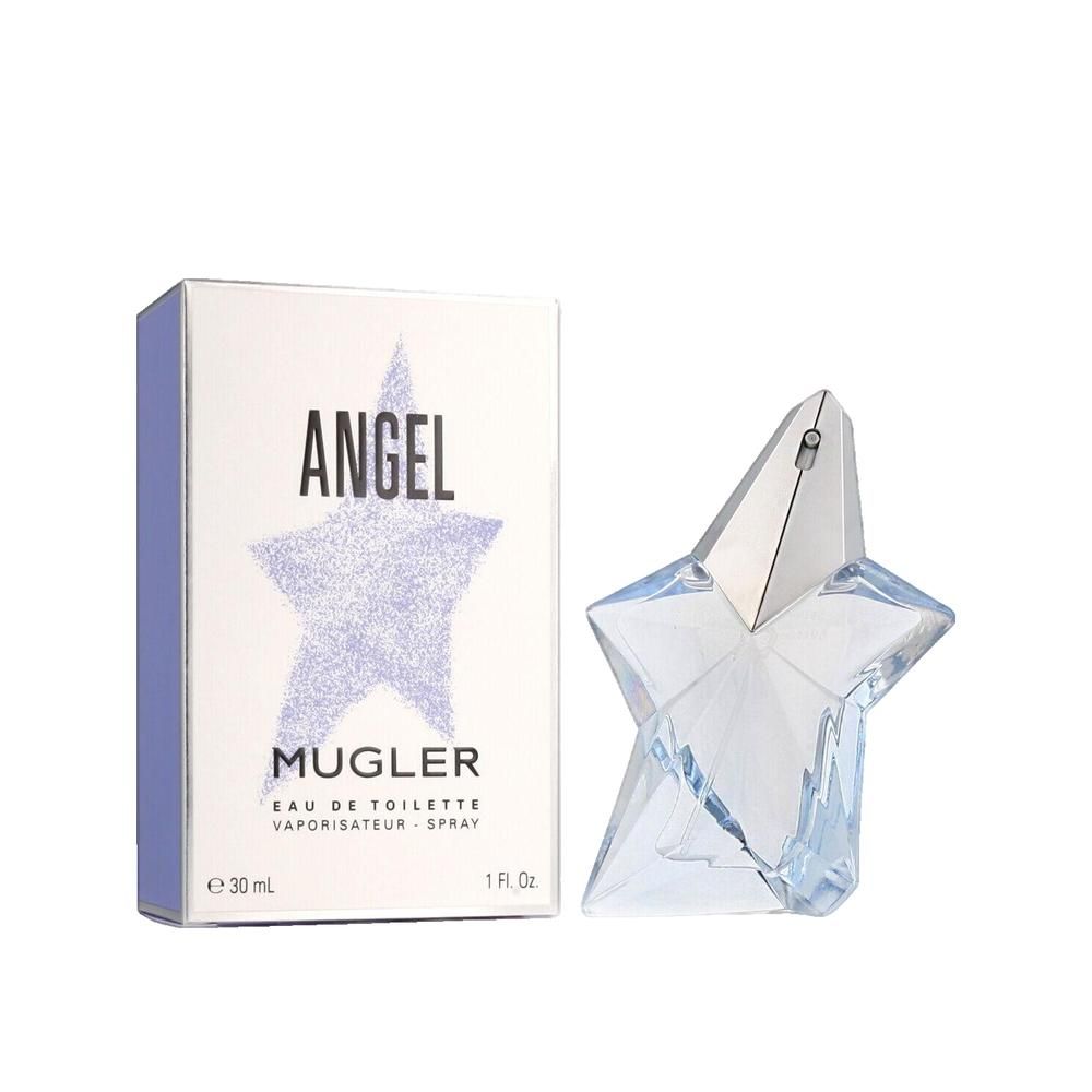 Een stervormige fles en een doos. Op de doos staat "Angel" en "Mugler". De fles is blauw en heeft een zilveren dop.