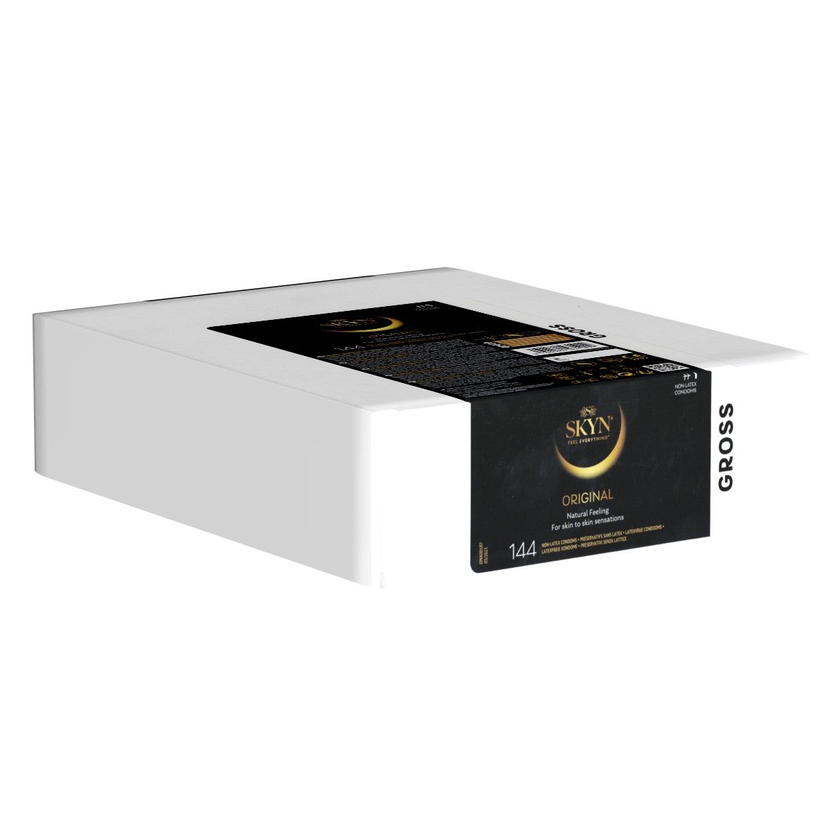 Emballage SKYN Original. Boîte blanche avec emballage noir et doré. Inscriptions "Original" et "144" visibles.