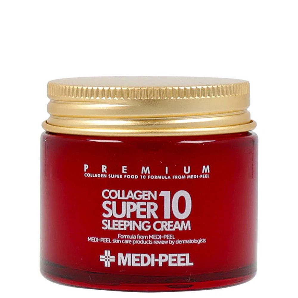 Pot de crème en verre rouge avec couvercle doré, étiqueté 'Medi-Peel Collagen Super 10 Sleeping Cream'.