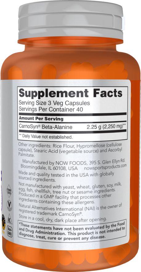 Dos du flacon. Liste des ingrédients, informations nutritionnelles, informations fabricant. Contient de la Beta-Alanine CarnoSyn.