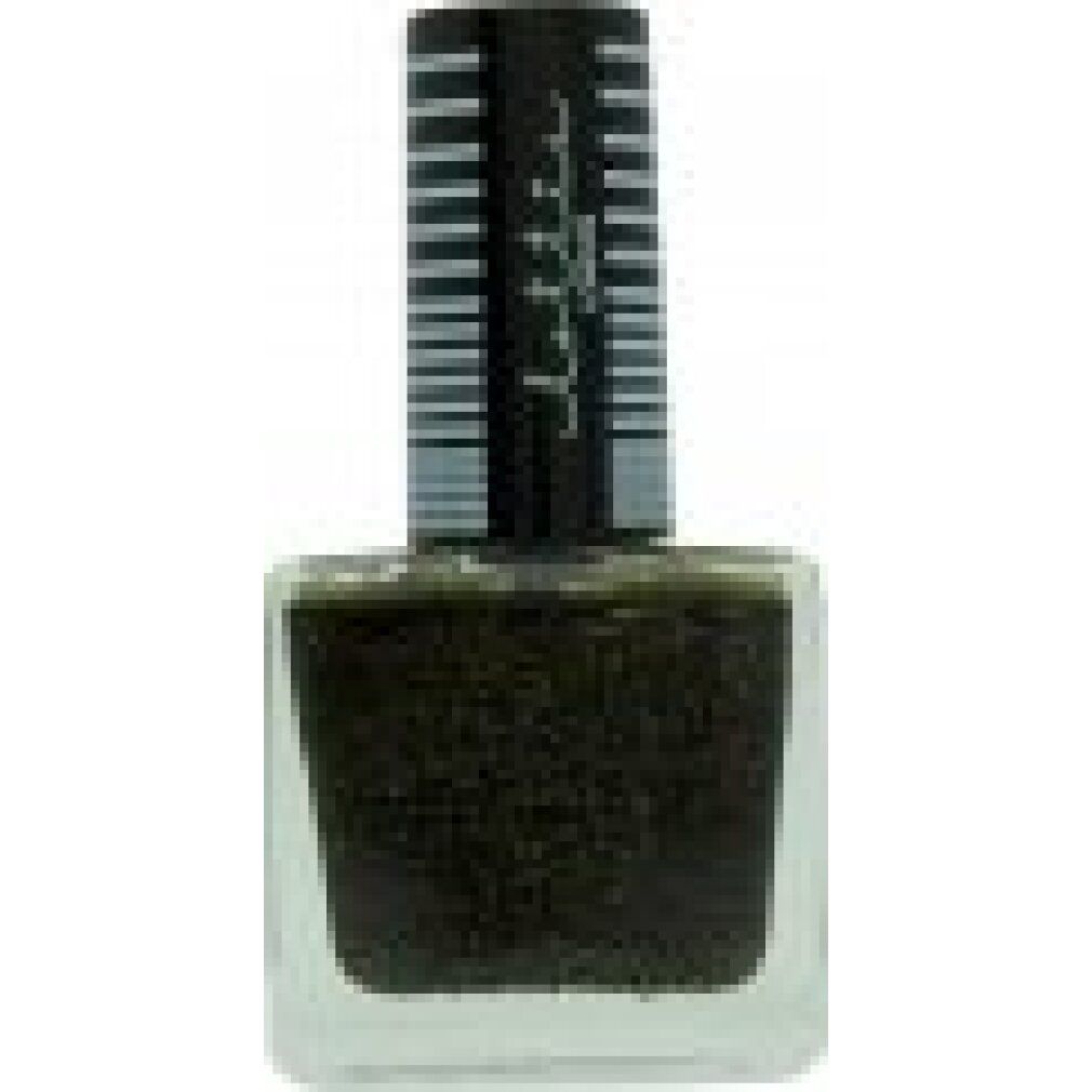 Nagellakfles met zwarte inhoud. Zwarte dop met witte tekst en strepen. Lottie London logo.