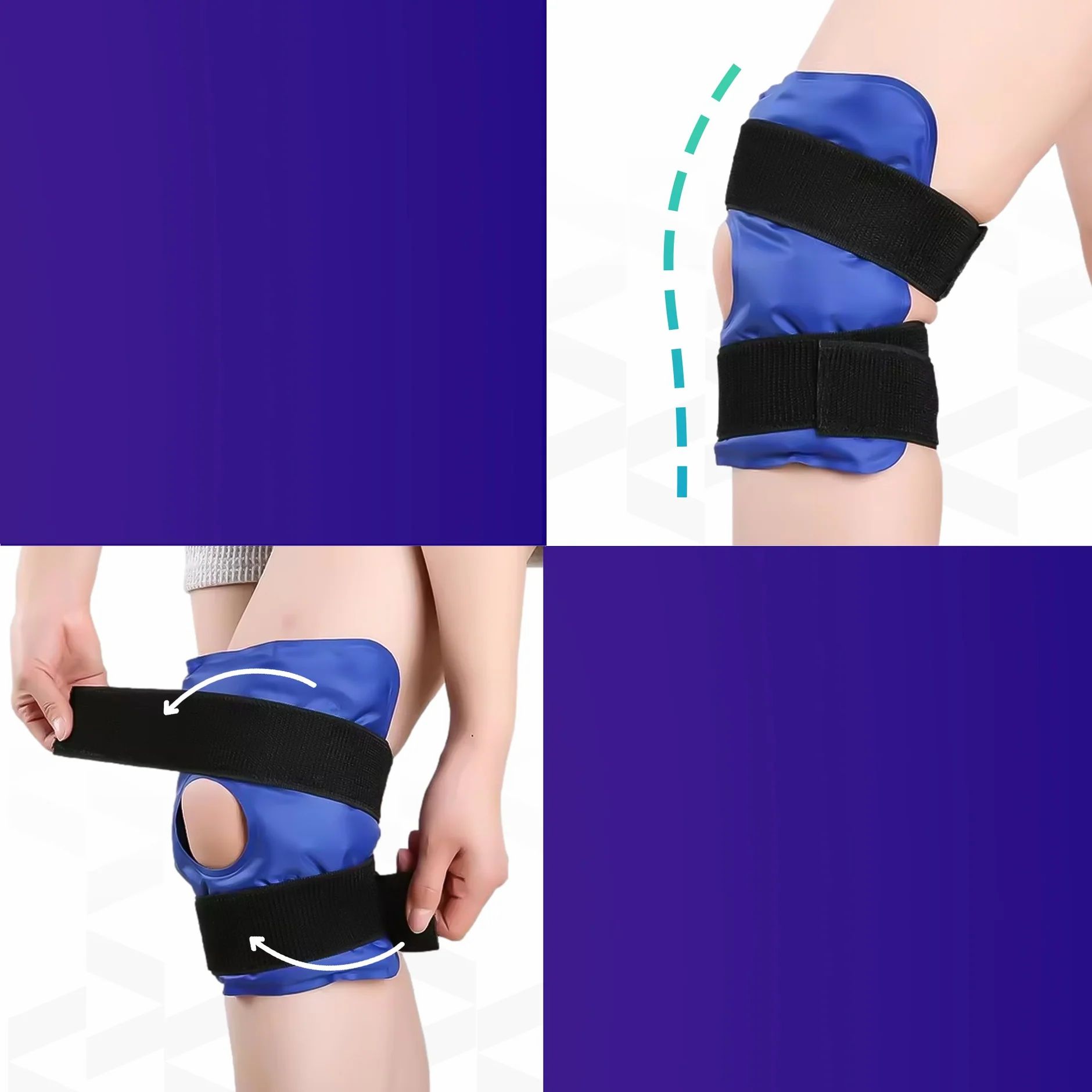 Quatre images. En haut : genouillère avec gelpack. En bas : application avec bandes velcro. Fond bleu.