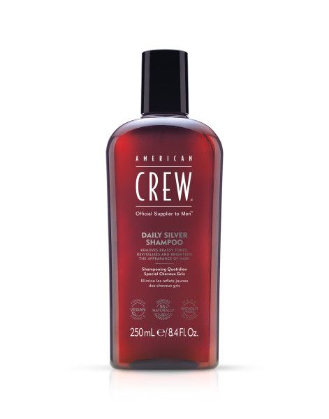 AMERICAN CREW Daily Silver Shampoo. Flacon rouge, bouchon noir. Inscription: Daily Silver Shampoo, 250ml, label vegan.