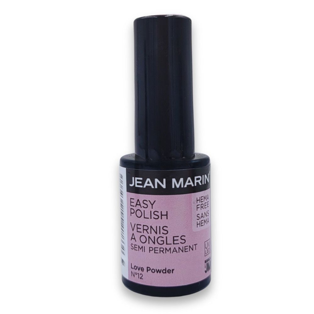 Flacon de vernis à ongles avec bouchon noir. Inscription : JEAN MARIN, EASY POLISH, VERNIS A ONGLES, SEMI PERMANENT. Couleur : Love Powder.