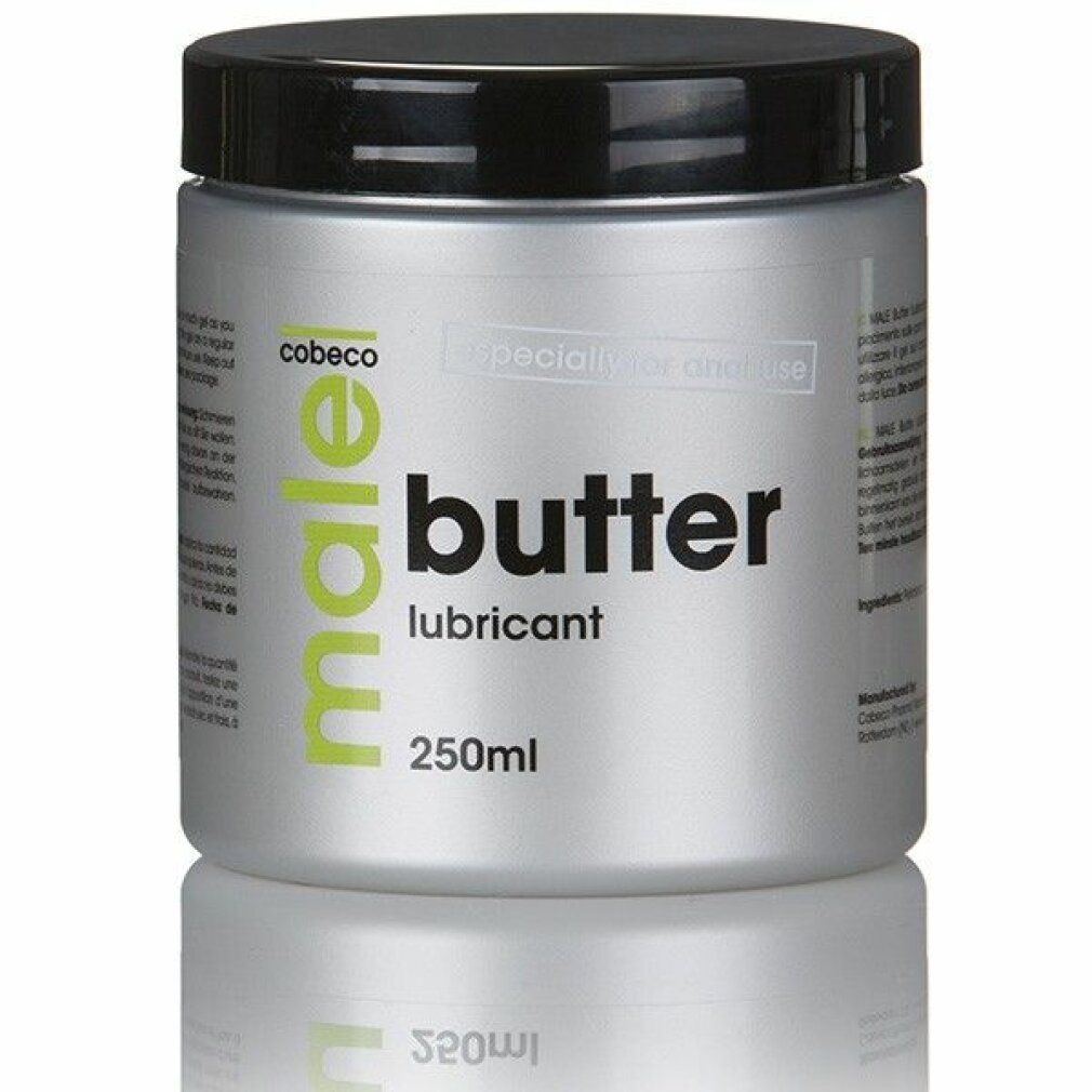 Zilveren pot met zwarte deksel, Cobeco Male Butter glijmiddel, 250ml.
