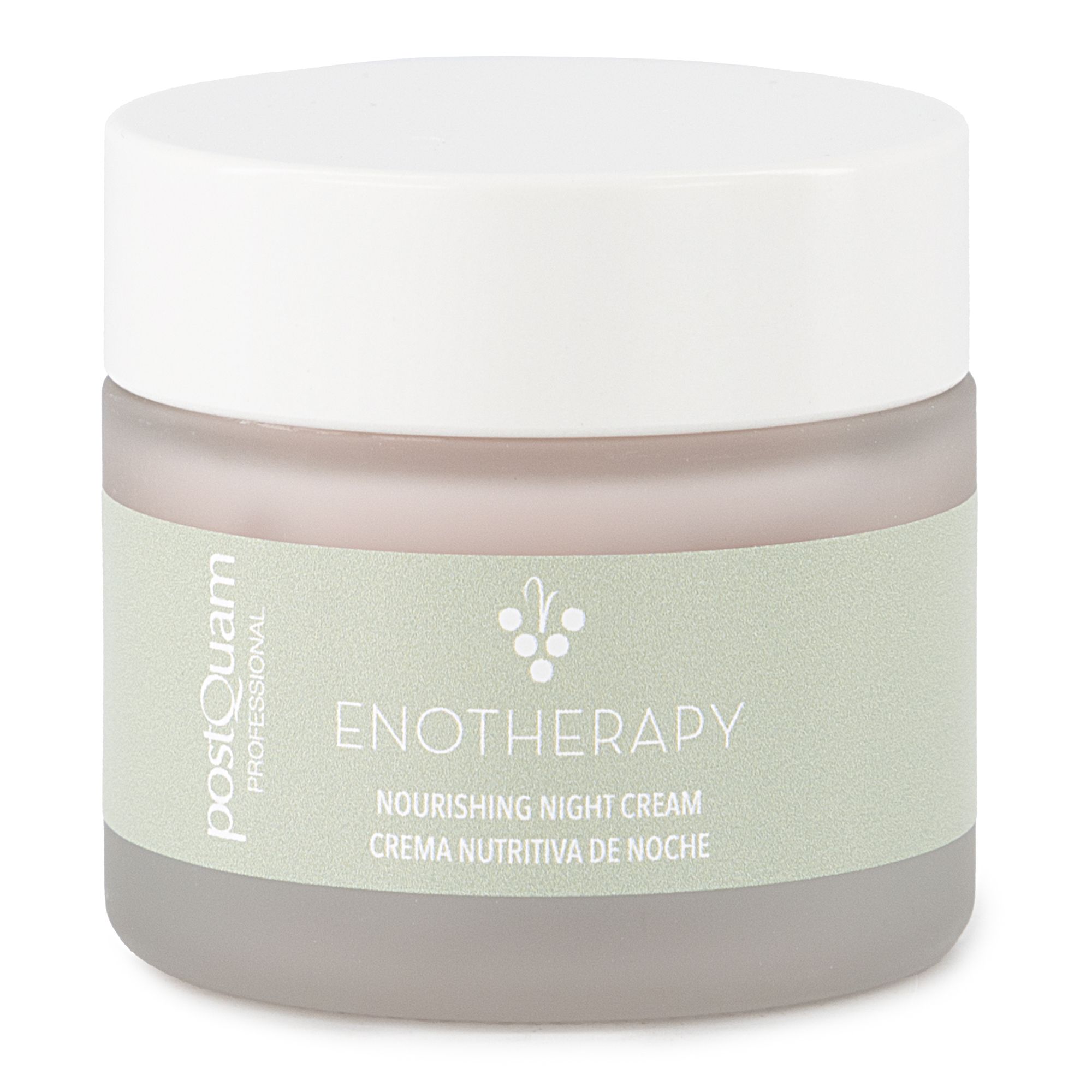 Crèmepot met witte deksel. Opschrift: Postquam, Enotherapy, Nourishing Night Cream. Groen-wit design.